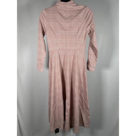 NWT Halara High Neck Houndstooth Plaid Long Sleeve Midi Work Dress Pink - Small - Picture 4 of 6